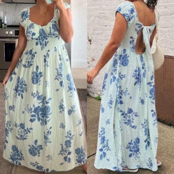 FREE PEOPLE Milkmaid Midi Dress Sundress Blue Floral Gauzy CottageCore Cotton M - Picture 2 of 13
